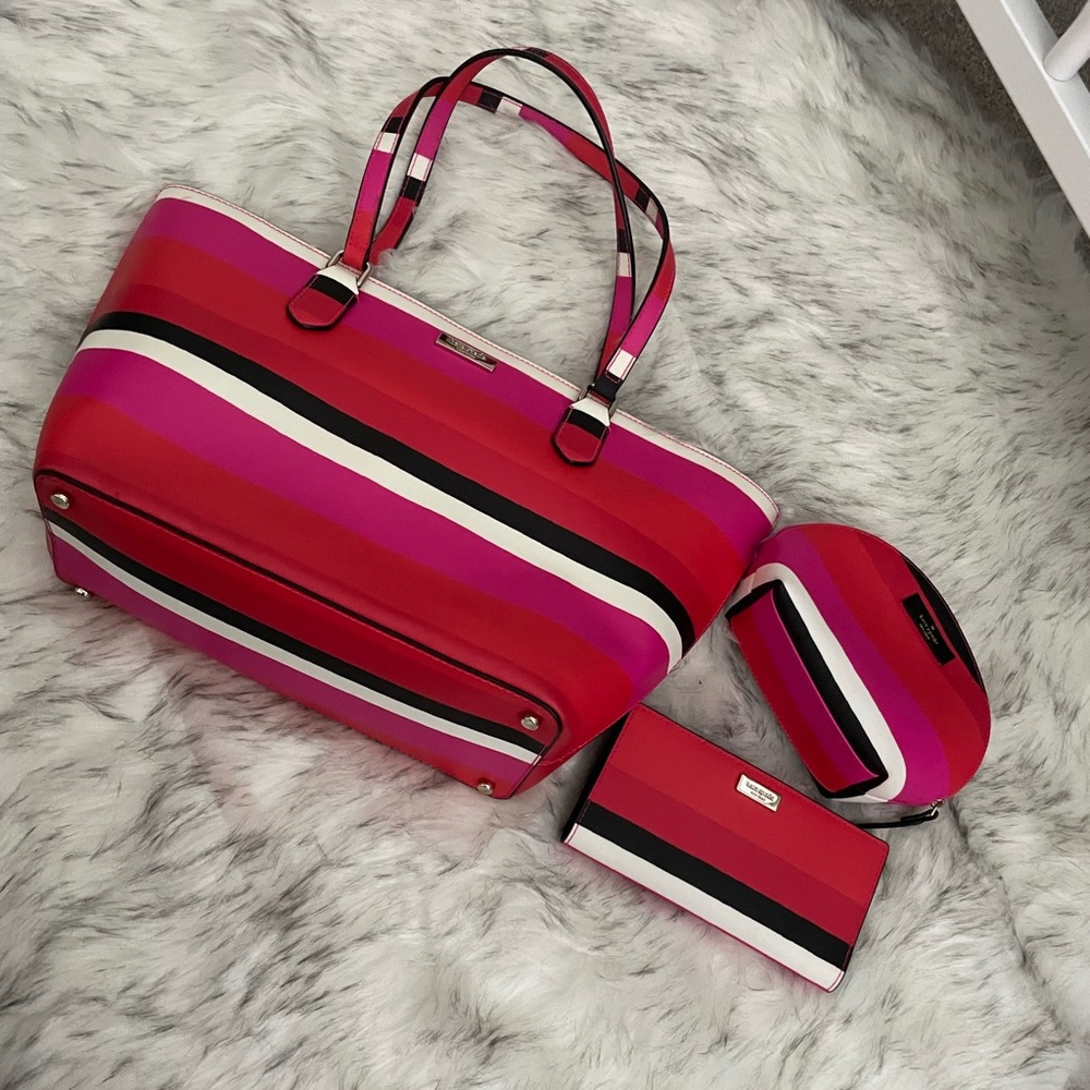 Kate Spade - Tote, Wallet, Makeup Bag Bundle - Pink, Red, White, and Black